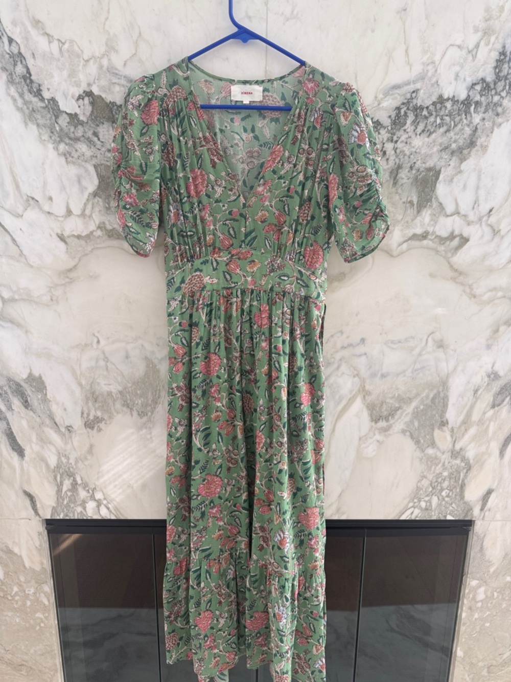 XiRENA Green Maxi Dress with Pink Floral Print